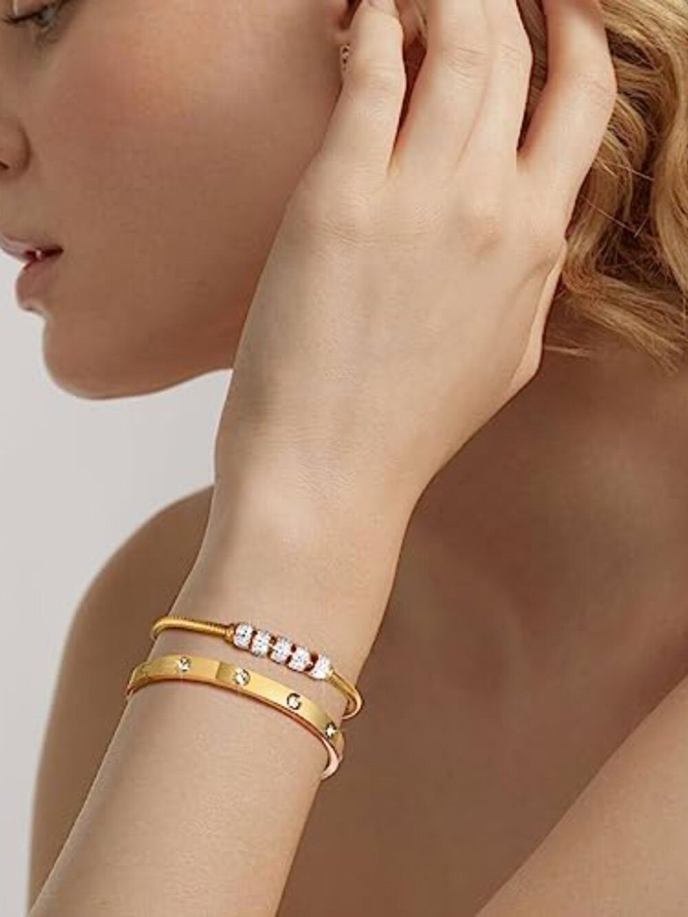Gold Bracelets for Women 2Pcs 18K Gold Plated Cubic Zirconia Bangle